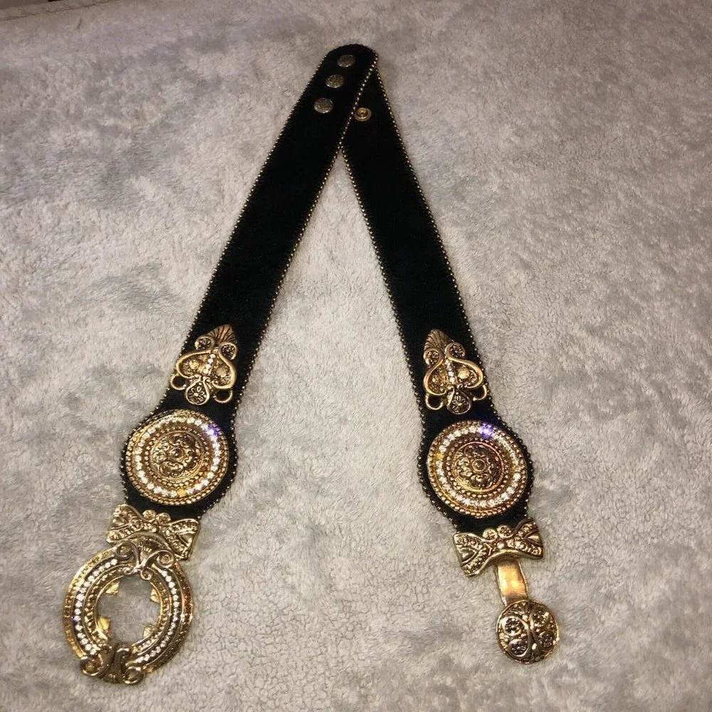 Vintage IBEL Italy Black Suede Adjustable Gold Buckle Details Jewels Waist